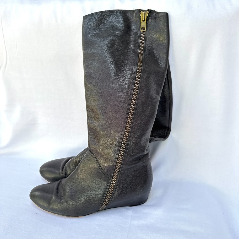 Corso Como Riding Boots Womens 9M Black Leather Knee High Wedge Heel Side Zipper